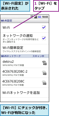 1［Wi-Fi］をタップ　　,［Wi-Fi設定］が表示された,［Wi-Fi］にチェックが付き、Wi-Fiが有効になった