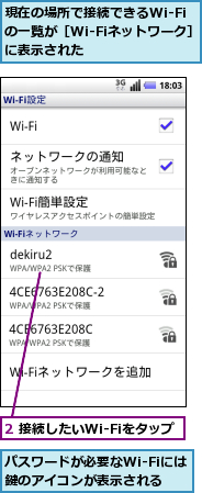2 接続したいWi-Fiをタップ,パスワードが必要なWi-Fiには鍵のアイコンが表示される,現在の場所で接続できるWi-Fiの一覧が［Wi-Fiネットワーク］に表示された