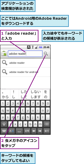 1「adobe reader」と入力　　　,2 虫メガネのアイコンをタップ　　　　　　,ここではAndroid用のAdobe Readerをダウンロードする,アプリケーションの検索欄が表示された,キーワードの候補をタップしてもよい,入力途中でもキーワードの候補が表示される　　