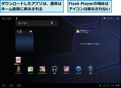 Flash Playerの場合はアイコンは表示されない　　,ダウンロードしたアプリは、通常はホーム画面に表示される　　　　　