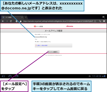 手順3の画面が表示されるのでホームキーをタップしてホーム画面に戻る,［あなたの新しいメールアドレスは、xxxxxxxxxx@docomo.ne.jpです］と表示された,［メール設定へ］をタップ　　　