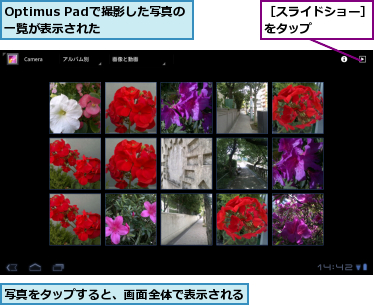 Optimus Padで撮影した写真の一覧が表示された,写真をタップすると、画面全体で表示される,［スライドショー］をタップ　　　　