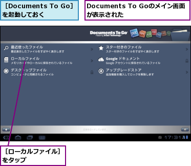 Documents To Goのメイン画面が表示された　　　,［Documents To Go］を起動しておく,［ローカルファイル］をタップ　　　　　　