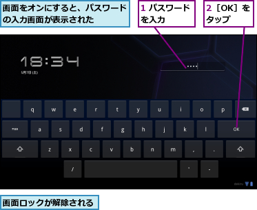 1 パスワードを入力　　　,2［OK］をタップ,画面をオンにすると、パスワードの入力画面が表示された　　　　　,画面ロックが解除される