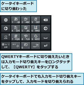 QWERTYキーボードに切り替えたいとき は入力モード切り替えキーをロングタッチして、［QWERTY］をタップする,ケータイキーボードでも入力モード切り替えキーをタップして、入力モードを切り替えられる  ,ケータイキーボードに切り替わった  