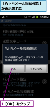 1［OK］をタップ,［Wi-Fiメール接続確認］が表示された    
