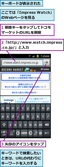 1 削除キーをタップしてドコモマーケットのURLを削除　　,2「http://www.watch.impress.co.jp/」と入力,3 矢印のアイコンをタップ,ここでは「Impress Watch」のWebページを見る,キーボードが表示された,キーワードで検索したいときは、URLの代わりにキーワードを入力する