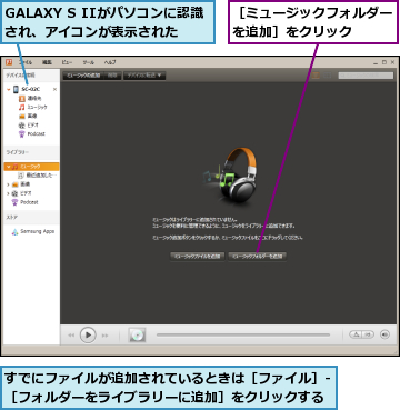 GALAXY S IIがパソコンに認識され、アイコンが表示された　　,すでにファイルが追加されているときは［ファイル］-［フォルダーをライブラリーに追加］をクリックする,［ミュージックフォルダーを追加］をクリック　　