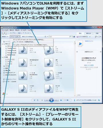 GALAXY S IIのメディアファイルをWMPで再生するには、［ストリーム］‐［プレーヤーのリモート制御を許可］をクリックして、GALAXY S IIからのリモート操作を有効にする,Windows 7パソコンでDLNAを利用するには、まずWindows Media Player（WMP）で［ストリーム］‐［メディアストリーミングを有効にする］をクリックしてストリーミングを有効にする