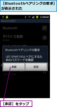 ［Bluetoothペアリングの要求］が表示された　　　　　,［承認］をタップ