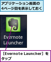 アプリケーション画面の　4ページ目を表示しておく,［Evernote Launcher］をタップ　　　　