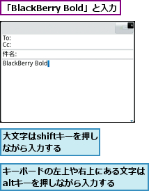 「BlackBerry Bold」と入力,キーボードの左上や右上にある文字はaltキーを押しながら入力する　　　,大文字はshiftキーを押しながら入力する