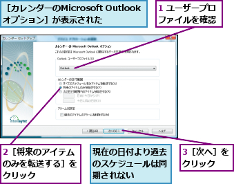 1 ユーザープロファイルを確認,2［将来のアイテムのみを転送する］をクリック  ,3［次へ］をクリック  ,現在の日付より過去のスケジュールは同期されない,［カレンダーのMicrosoft Outlookオプション］が表示された