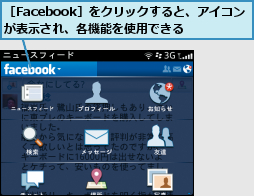 ［Facebook］をクリックすると、アイコンが表示され、各機能を使用できる