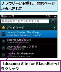 ブラウザーが起動し、開始ページが表示された 　　　　　　 ,［docomo Site for BlackBerry］をクリック      
