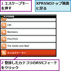 1 エスケープキーを押す　　　　　,2 登録したカテゴリのRSSフィードをクリック　　　　　　　　　　　　,XPRSSのトップ画面に戻る　　　　