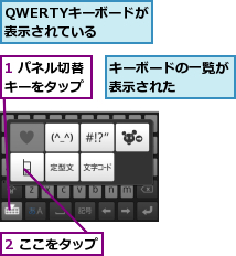 1 パネル切替キーをタップ,2 ここをタップ,QWERTYキーボードが表示されている,キーボードの一覧が表示された    