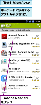 キーワードに該当するアプリが表示された,［Adobe Reader］をタップ　　,［検索］が表示された