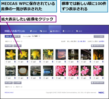 MEDIAS WPに保存されている画像の一覧が表示された,拡大表示したい画像をクリック,標準では新しい順に100件ずつ表示される　　　