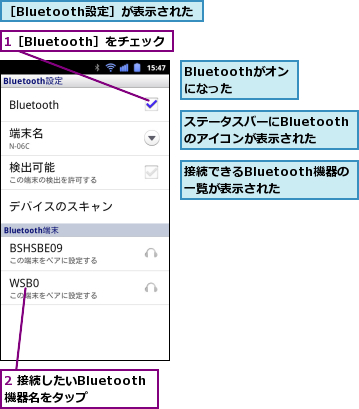 1［Bluetooth］をチェック,2 接続したいBluetooth機器名をタップ,Bluetoothがオンになった,ステータスバーにBluetoothのアイコンが表示された,接続できるBluetooth機器の一覧が表示された,［Bluetooth設定］が表示された