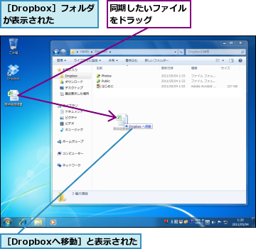 同期したいファイルをドラッグ　　　,［Dropboxへ移動］と表示された,［Dropbox］フォルダが表示された