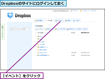 Dropboxのサイトにログインしておく,［イベント］をクリック
