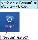 マーケットで［Dropin］を ダウンロードしておく,［Dropin］をタップ