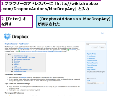 1 ブラウザーのアドレスバーに「http://wiki.dropbox.com/DropboxAddons/MacDropAny」と入力,2［Enter］キーを押す,［DropboxAddons ＞＞ MacDropAny］が表示された        