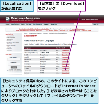 ［Localization］が表示された,［セキュリティ保護のため、このサイトによる、このコンピュータへのファイルのダウンロードがInternetExplorerによりブロックされました。］が表示された場合は［ここをクリック］をクリックして［フ ァイルのダウンロード］をクリックする,［日本語］の［Download］をクリック    