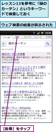 ウェブ検索の結果が表示された,レッスン13を参考に「緑のカーテン」というキーワードで検索しておく,［画像］をタップ
