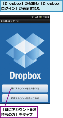 ［Dropbox］が起動し［Dropboxログイン］が表示された,［既にアカウントをお持ちの方］をタップ