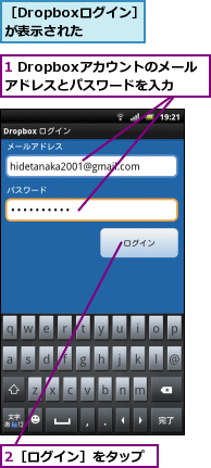 1 Dropboxアカウントのメール　アドレスとパスワードを入力,2［ログイン］をタップ,［Dropboxログイン］が表示された