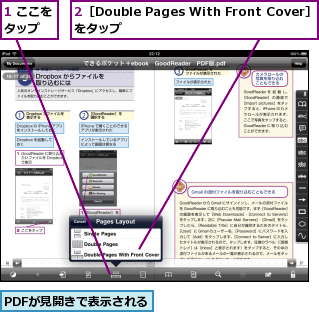 1 ここをタップ  ,2［Double Pages With Front Cover］をタップ          ,PDFが見開きで表示される