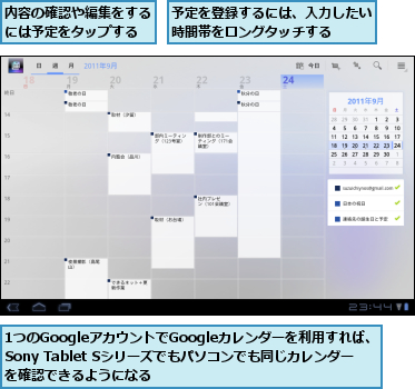 1つのGoogleアカウントでGoogleカレンダーを利用すれば、Sony Tablet Sシリーズでもパソコンでも同じカレンダーを確認できるようになる,予定を登録するには、入力したい時間帯をロングタッチする  ,内容の確認や編集をするには予定をタップする
