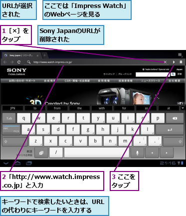 1［×］をタップ  ,2「http://www.watch.impress.co.jp」と入力,3 ここをタップ　,Sony JapanのURLが削除された  ,URLが選択された,ここでは「Impress Watch」のWebページを見る,キーワードで検索したいときは、URLの代わりにキーワードを入力する