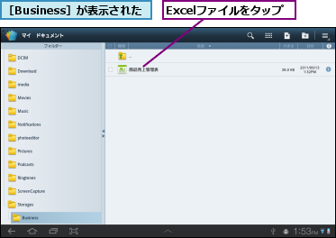 Excelファイルをタップ,［Business］が表示された
