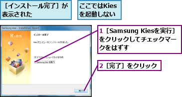 1［Samsung Kiesを実行］をクリックしてチェックマークをはずす,2［完了］をクリック,ここではKiesを起動しない,［インストール完了］が表示された　　　　　　