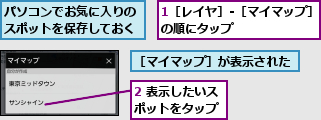 1［レイヤ］‐［マイマップ］の順にタップ        ,2 表示したいスポットをタップ,パソコンでお気に入りのスポットを保存しておく,［マイマップ］が表示された