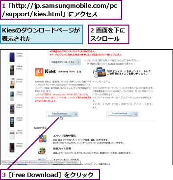 1「http://jp.samsungmobile.com/pc/support/kies.html」にアクセス,2 画面を下にスクロール　　,3［Free Download］をクリック,Kiesのダウンロードページが表示された　　　　　