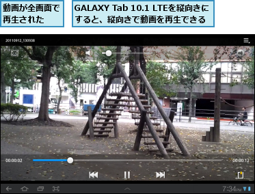 GALAXY Tab 10.1 LTEを縦向きにすると、縦向きで動画を再生できる,動画が全画面で再生された  