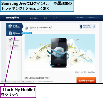 SamsungDiveにログインし、［携帯端末のトラッキング］を表示しておく,［Lock My Mobile］をクリック  