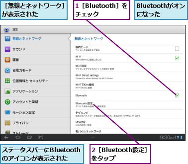 1［Bluetooth］をチェック ,2［Bluetooth設定］をタップ  ,Bluetoothがオンになった,ステータスバーにBluetoothのアイコンが表示された,［無線とネットワーク］が表示された    