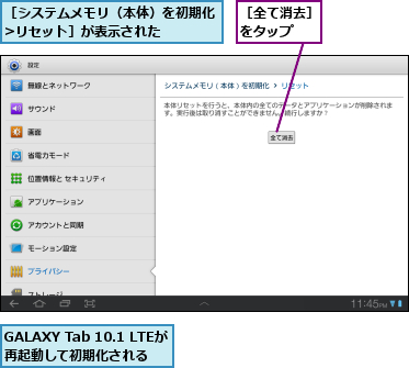 GALAXY Tab 10.1 LTEが再起動して初期化される,［システムメモリ（本体）を初期化>リセット］が表示された,［全て消去］をタップ  