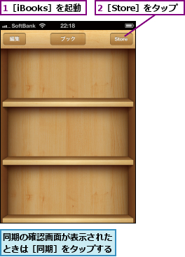 1［iBooks］を起動,2［Store］をタップ,同期の確認画面が表示されたときは［同期］をタップする