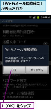 1［OK］をタップ,［Wi-Fiメール接続確認］が表示された　　　　