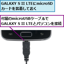 GALAXY S II LTEにmicroSDカードを装着しておく,付属のmicroUSBケーブルで　　　　　　　　　　　　　　　　GALAXY S II LTEとパソコンを接続