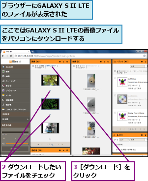 2 ダウンロードしたいファイルをチェック  ,3［ダウンロード］をクリック      ,ここではGALAXY S II LTEの画像ファイルをパソコンにダウンロードする    ,ブラウザーにGALAXY S II LTEのファイルが表示された