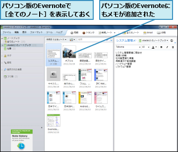 パソコン版のEvernoteで　　　　［全てのノート］を表示しておく,パソコン版のEvernoteにもメモが追加された