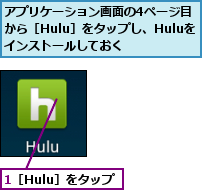 1［Hulu］をタップ,アプリケーション画面の4ページ目から［Hulu］をタップし、Huluをインストールしておく