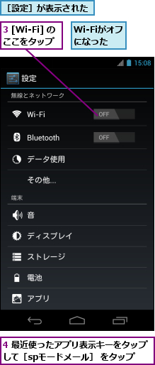 3 [Wi-Fi] のここをタップ,4 最近使ったアプリ表示キーをタップして［spモードメール］ をタップ,Wi-Fiがオフになった,［設定］が表示された